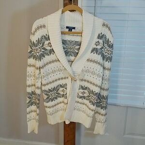 Chaps Cream Gray Fair Isle Fisherman Grandpa Sweater Cardigan Knit Size S Sleeve